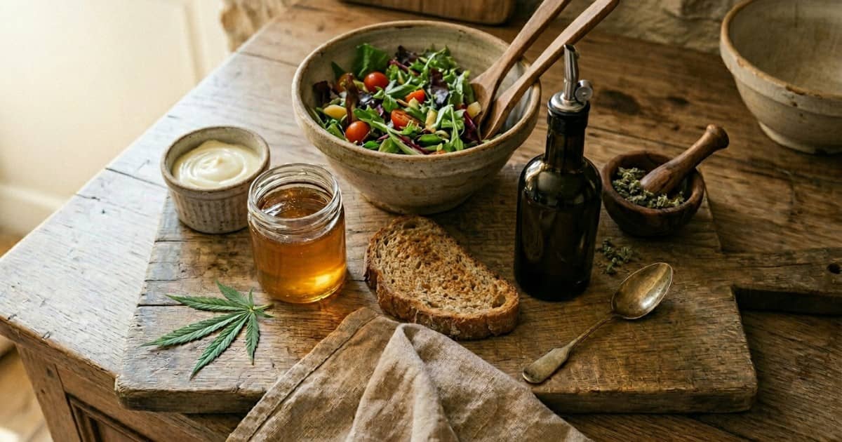Trois bases infusées au CBD pour la cuisine — miel doré, beurre infusé et huile d'olive — disposées sur une planche en bois avec feuilles de chanvre et mortier — recettes Yggdra