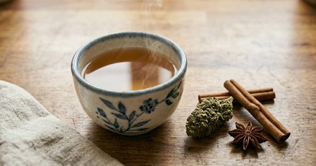 Bol en céramique illustrée d'une infusion CBD fumante, fleur de chanvre, anis étoilé et bâtons de cannelle sur table en bois patiné — guide pour préparer une bonne infusion CBD
