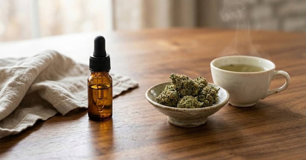 Flacon d'huile CBD, bourgeons de fleur de chanvre dans un bol et tasse d'infusion fumante sur table en bois — guide pour choisir entre huile et fleur CBD selon votre usage